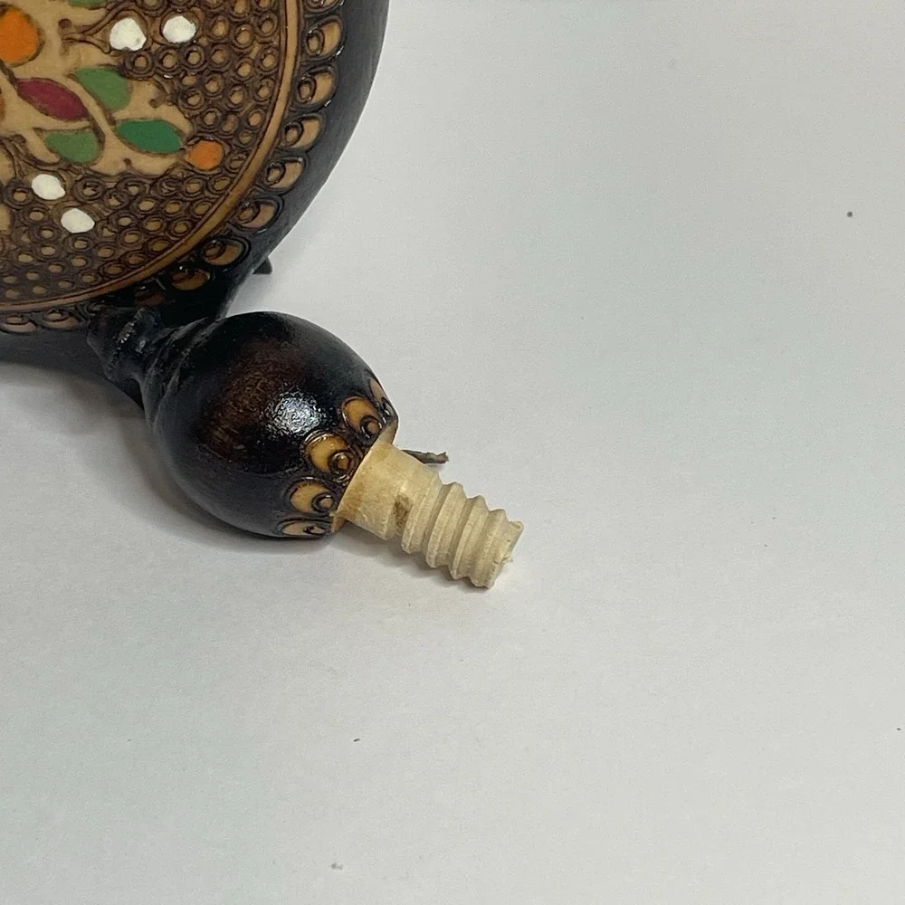 Vintage Handmade Folk Pyrography Wood Flask Eastern European